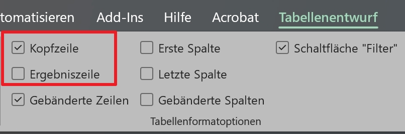 Tabellenentwurf Kopfzeile